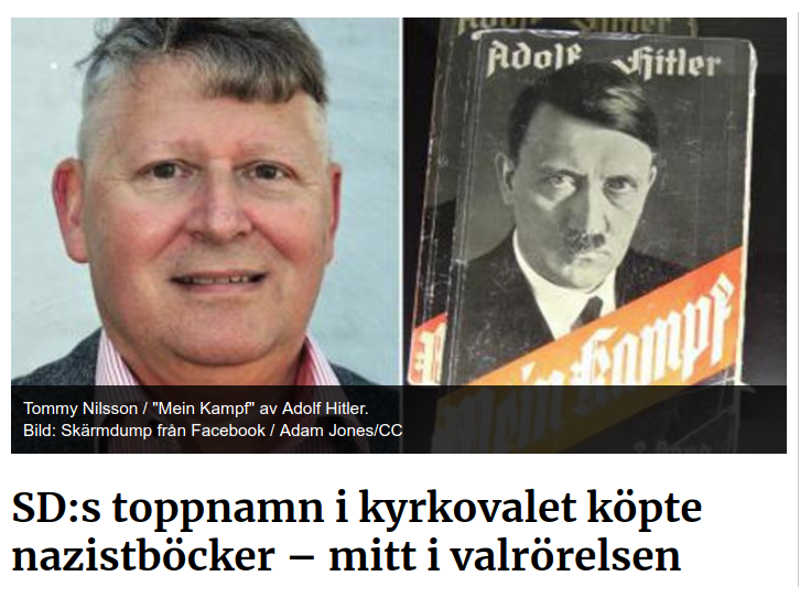 Skärmdump från ETC: SD-politikern Tommy Nilsson och boken Mein Kampf av Adolf Hitler.