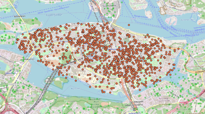 Karta över Södermalm i Stockholm, med en prick för varje journalist